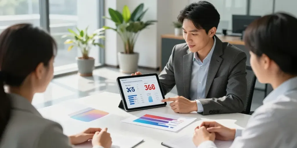 Financial advisor discussing deposito rente Nederland with clients in a modern office setting.