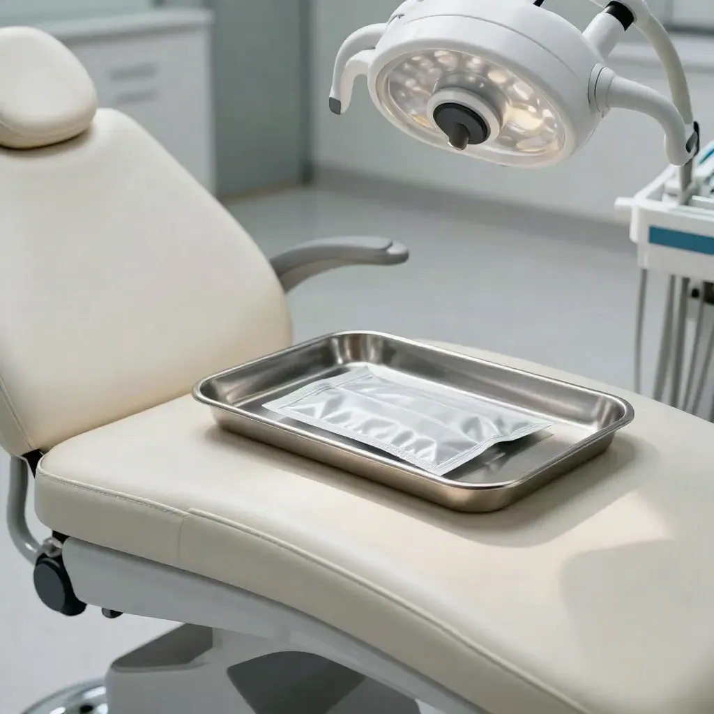 Macro de una clínica dental prístina con sillón, lámpara y bandeja esterilizada.