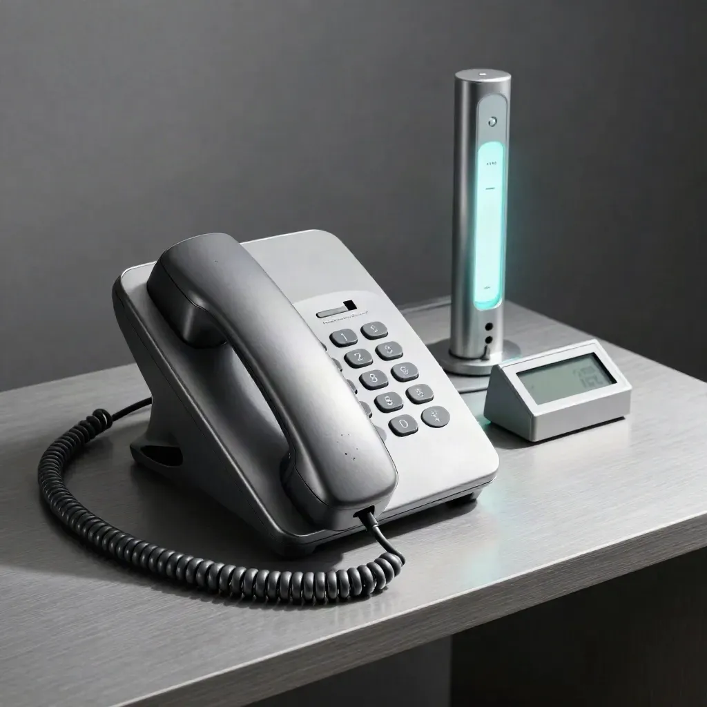 Teléfono de oficina vibrando junto a una torre de luces y un contador de llamadas, con brillo cian.