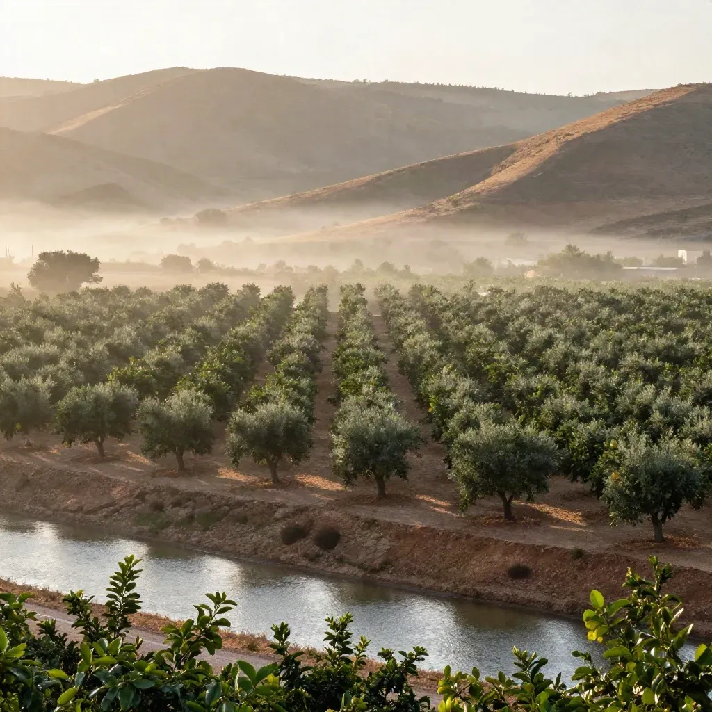 Bruma sobre huertos de cítricos, acequia y colinas suaves de la Vega Baja al amanecer.